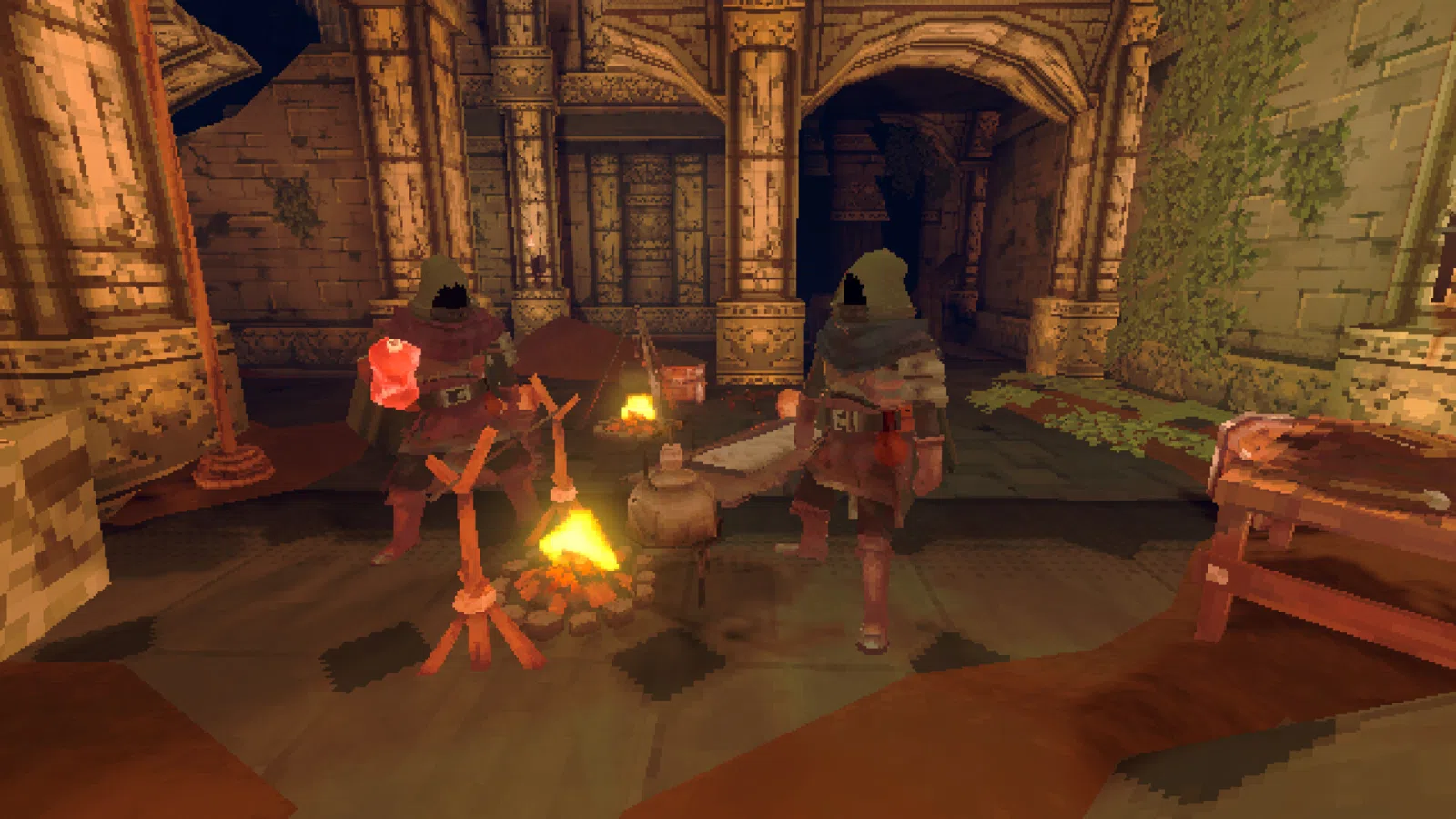 Adventurers around a glowing dungeon campfire